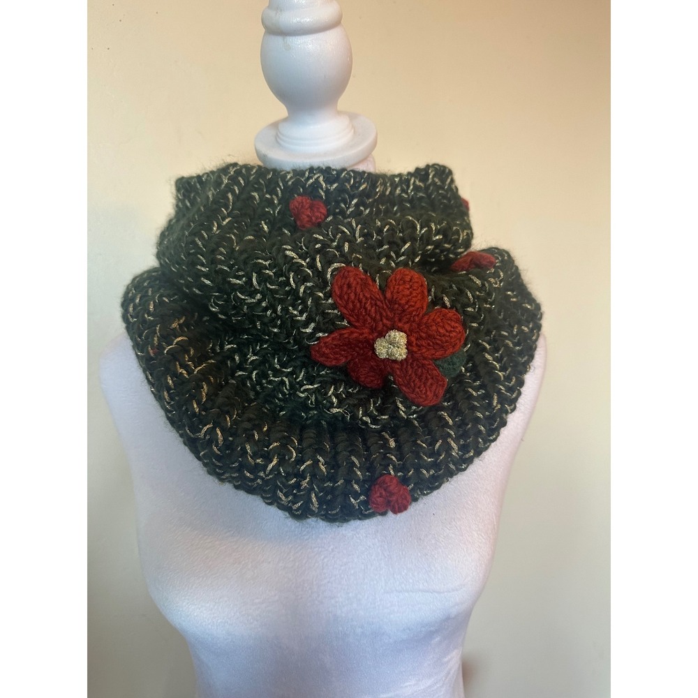 San Diego Hat Co Green Metallic Knit Scarf with Red Flower Applique KNS5005SGRN